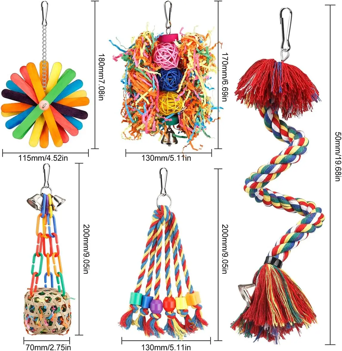 size of each toy in the bird toys set