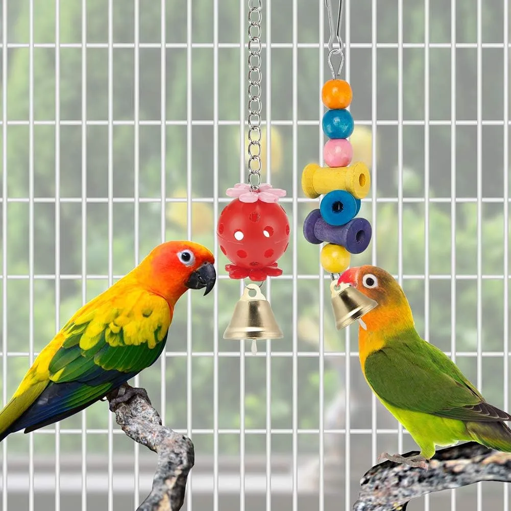 lovebirds playing with the parakeet toys set