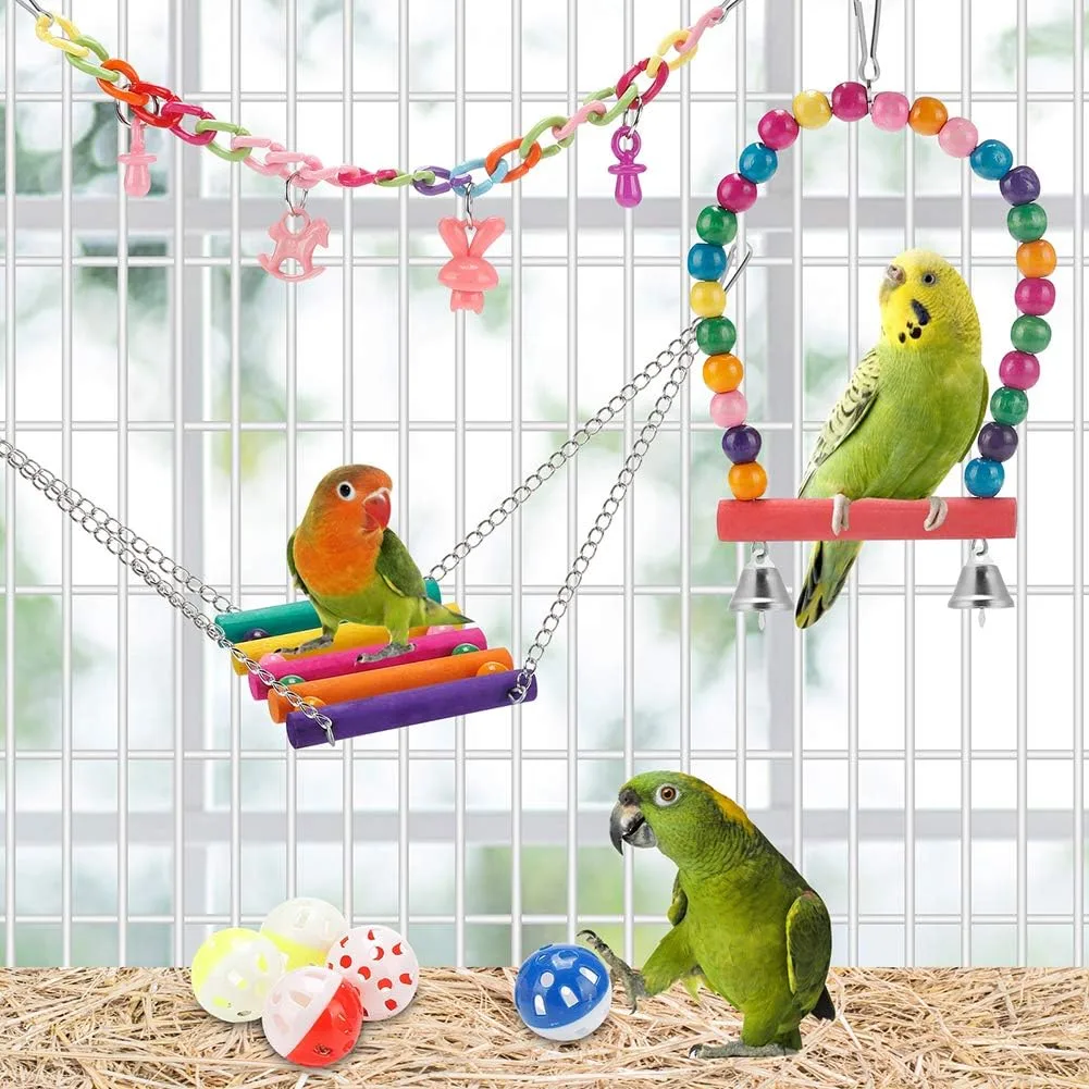 parakeet toys set hammock inside a cage