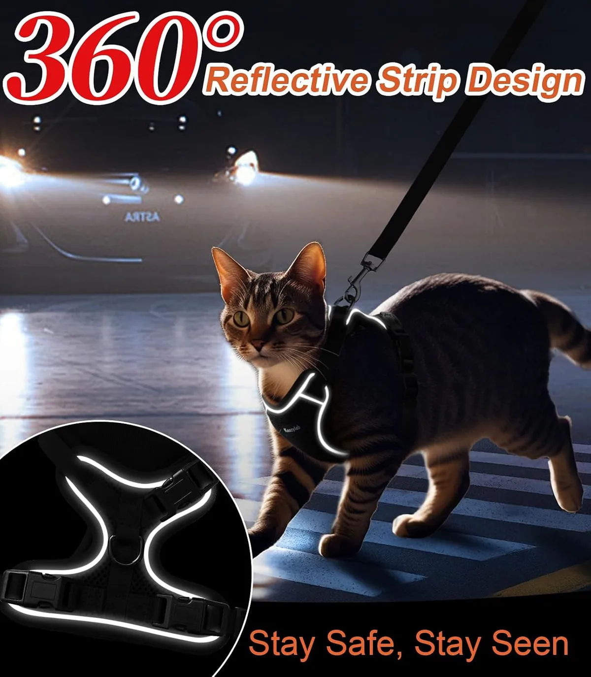 reflective strips on the escape-proof cat harness at night