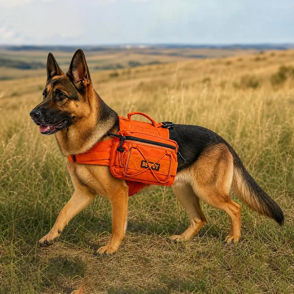 tactical dog backpack harness on a hike