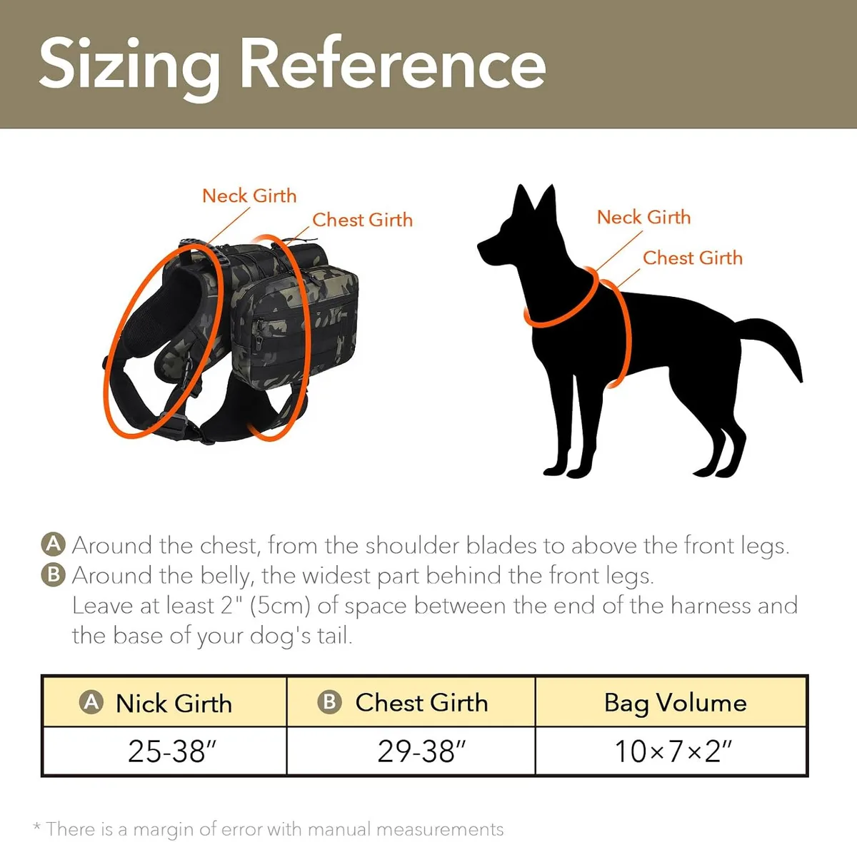 sizing guide for the dog hiking backpack for large dogs