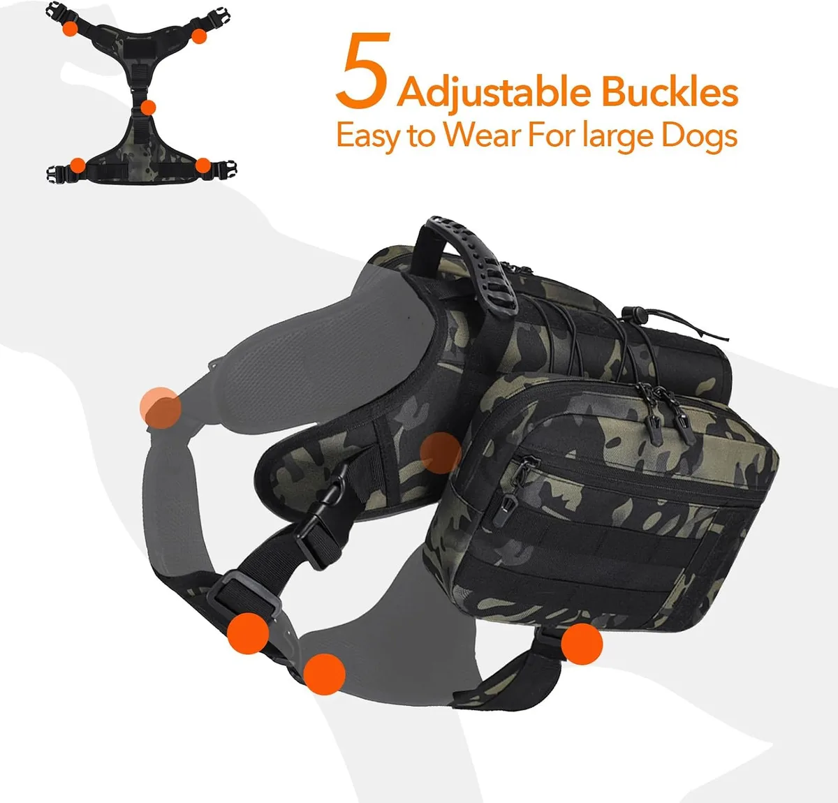five adjustable buckles on the dog hiking backpack