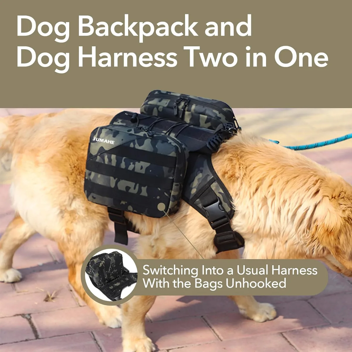dog hiking backpack converts into a harness