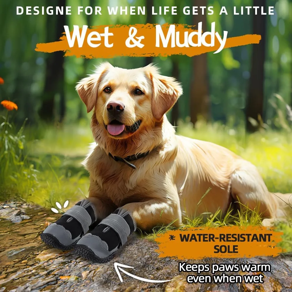 dog wearing boots on wet and muddy ground