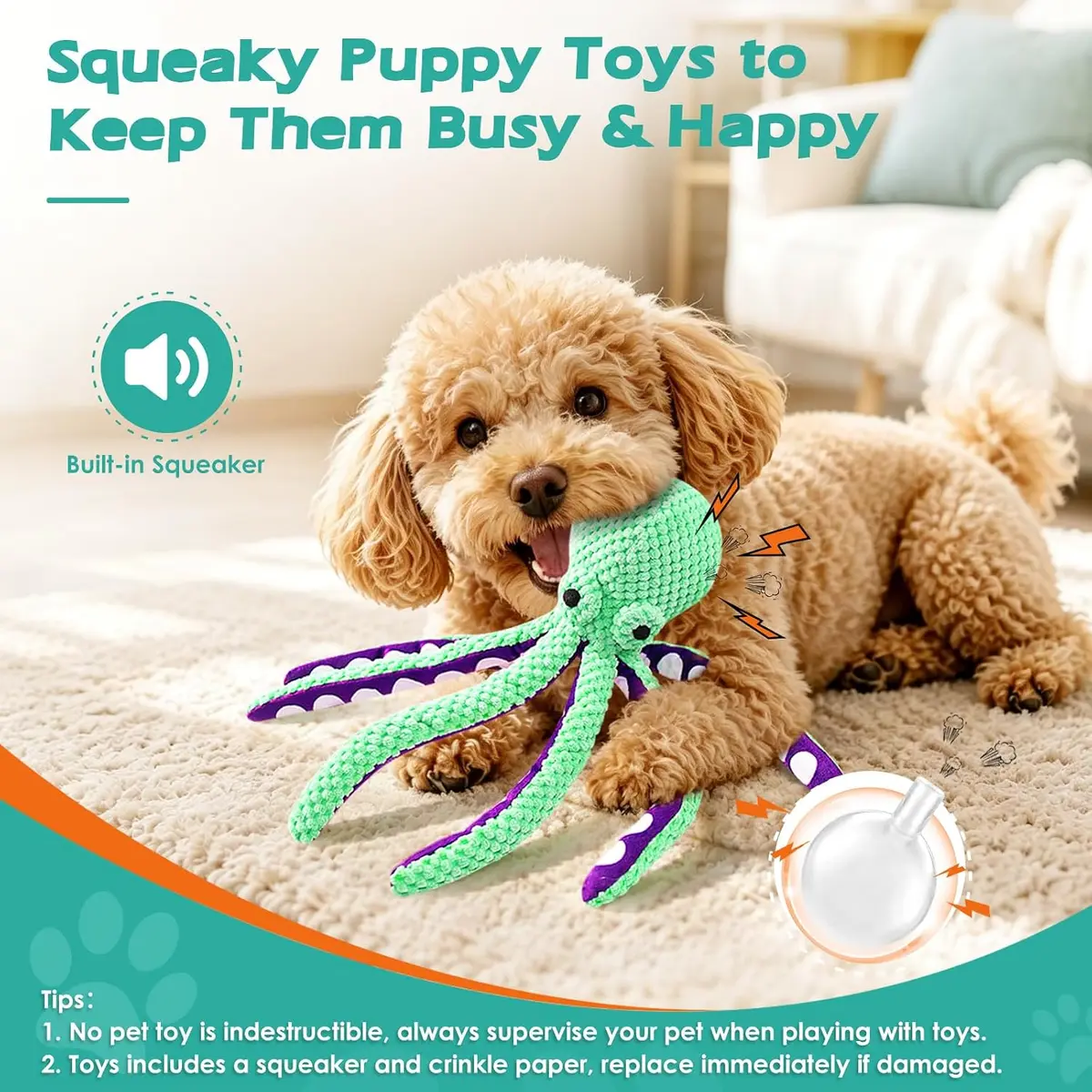 dog playing with the squeaky octopus plush dog toy