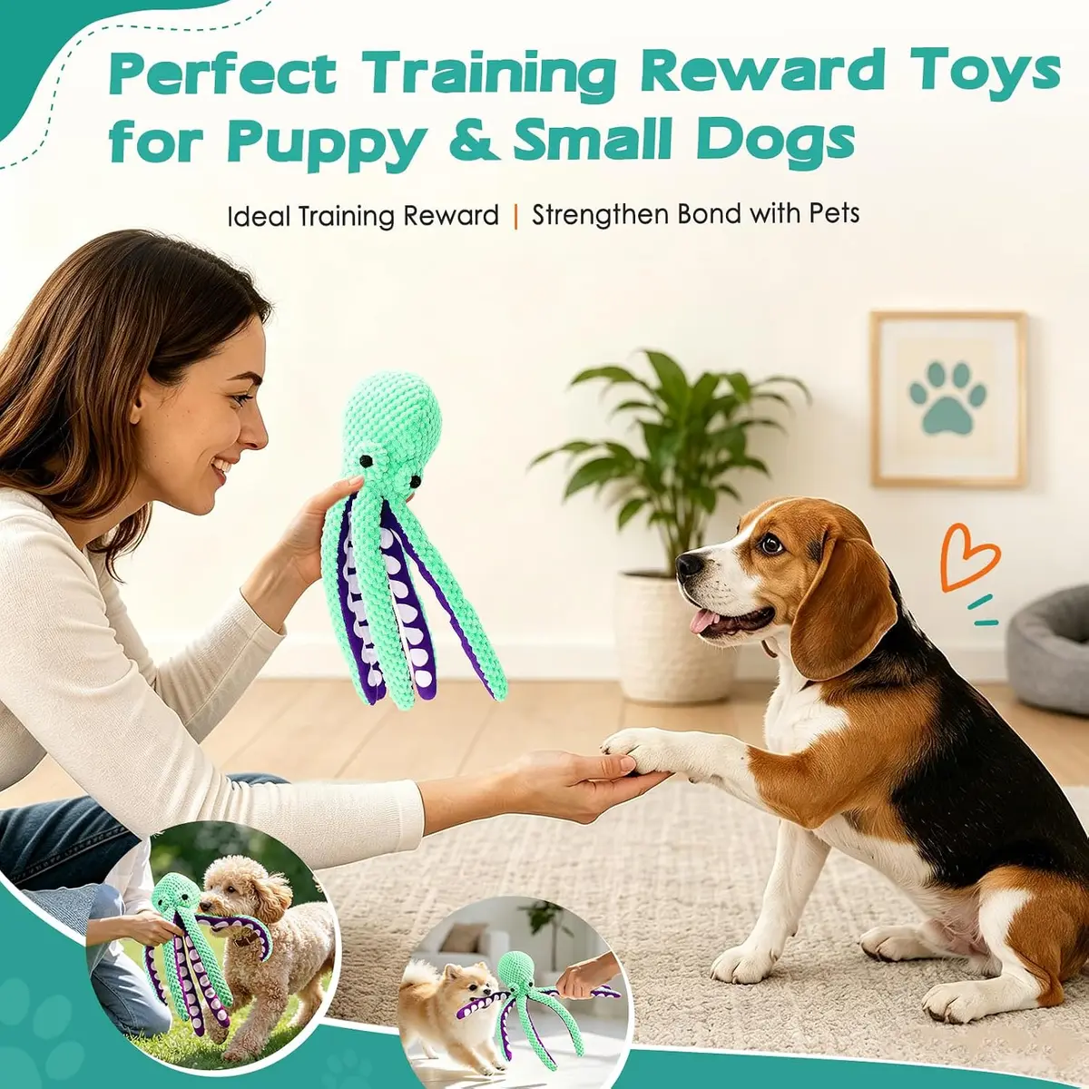 puppy carrying the squeaky octopus plush dog toy