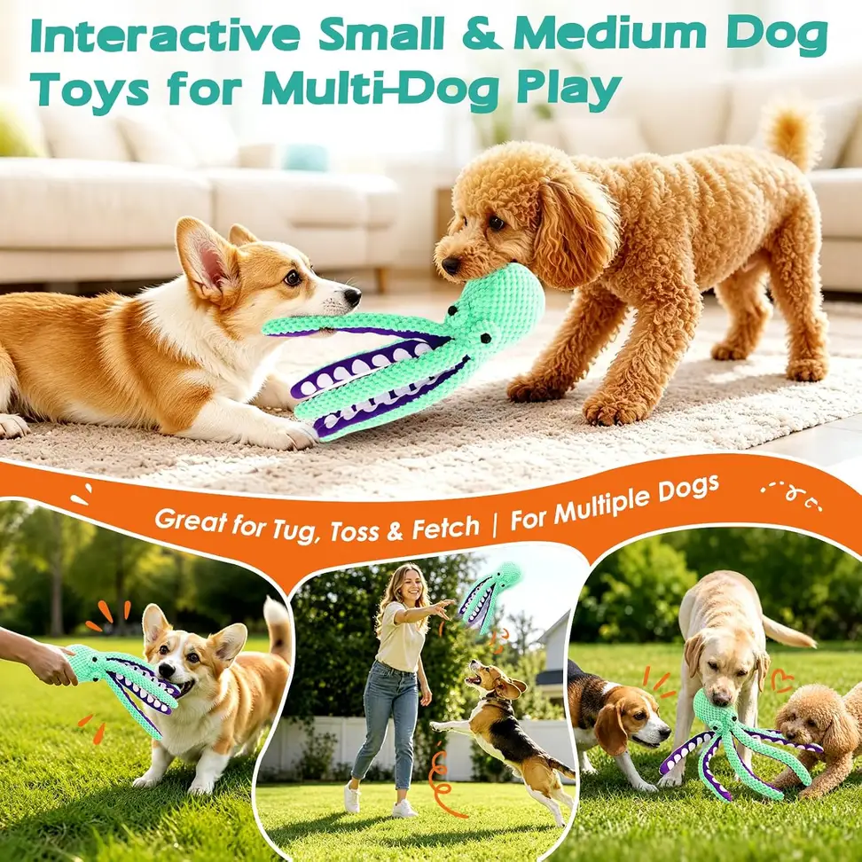 two dogs tugging the squeaky octopus plush dog toy