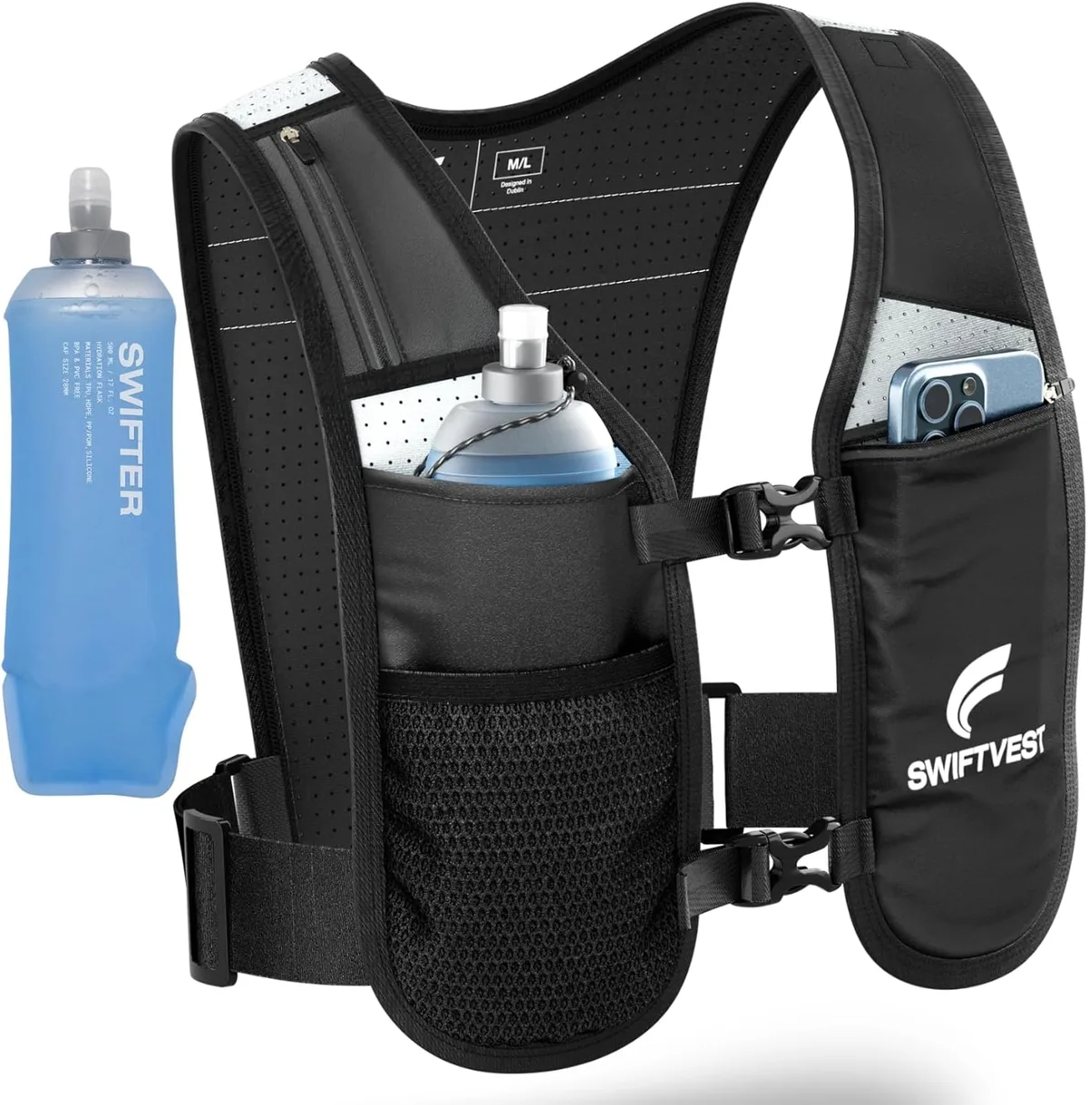 running hydration vest with phone and 500 ml flask