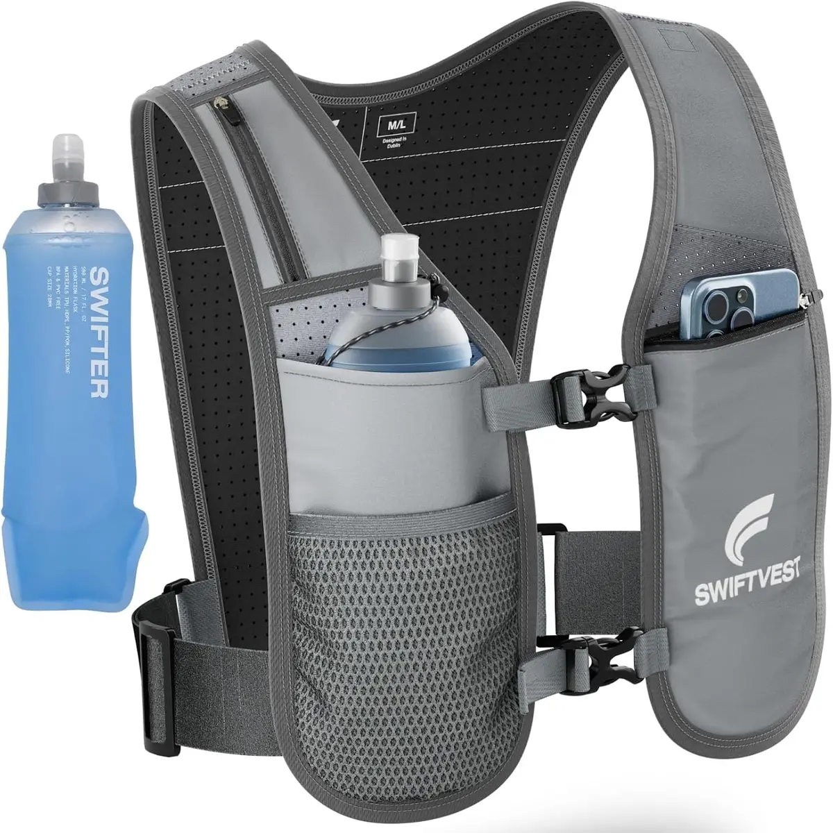 grey running hydration vest with flask