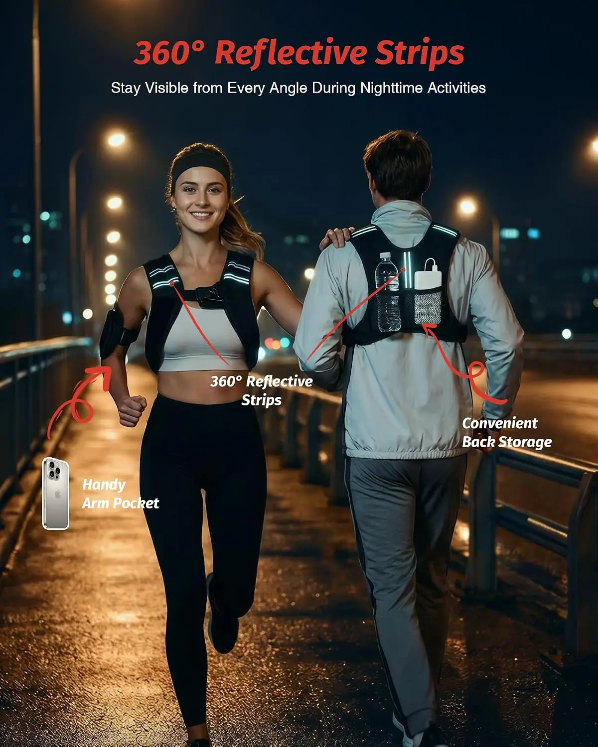 reflective stripes on the weighted vest at night