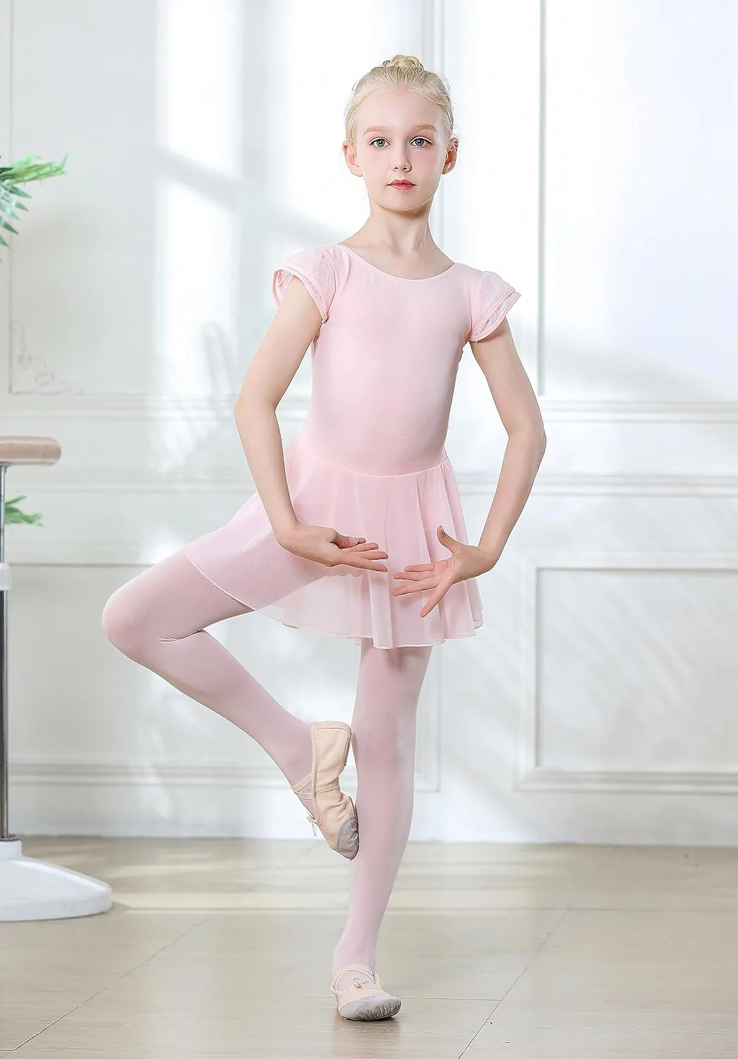 girl in the ballet leotard with skirt in first position