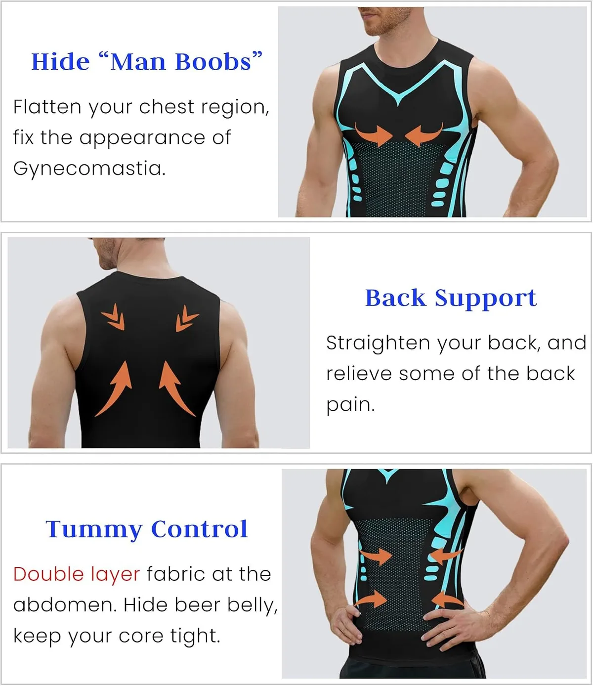 chest, back and tummy support of the men's compression tank top