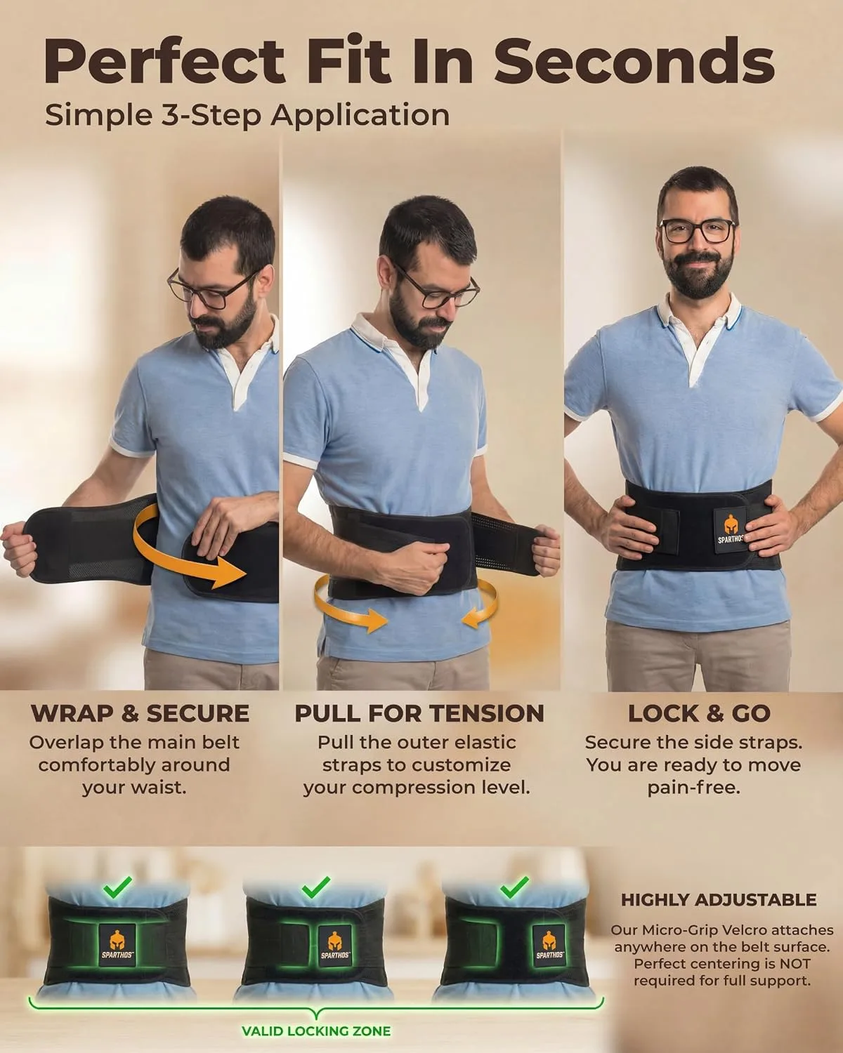 how to put on the lower back brace in three steps