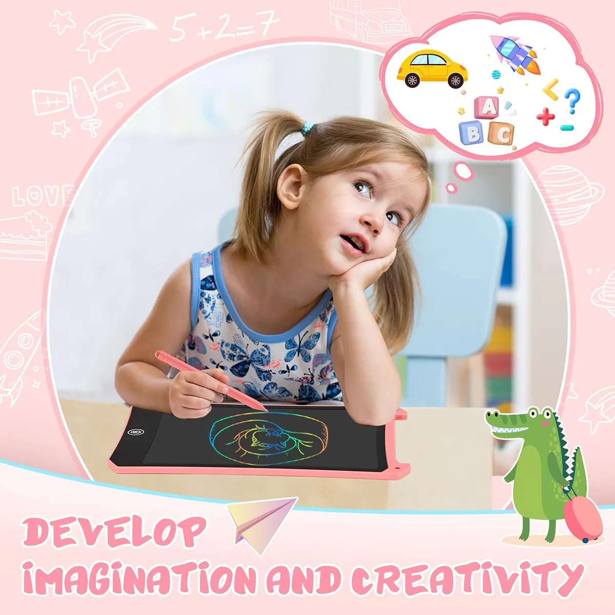 child drawing on an LCD writing tablet for kids