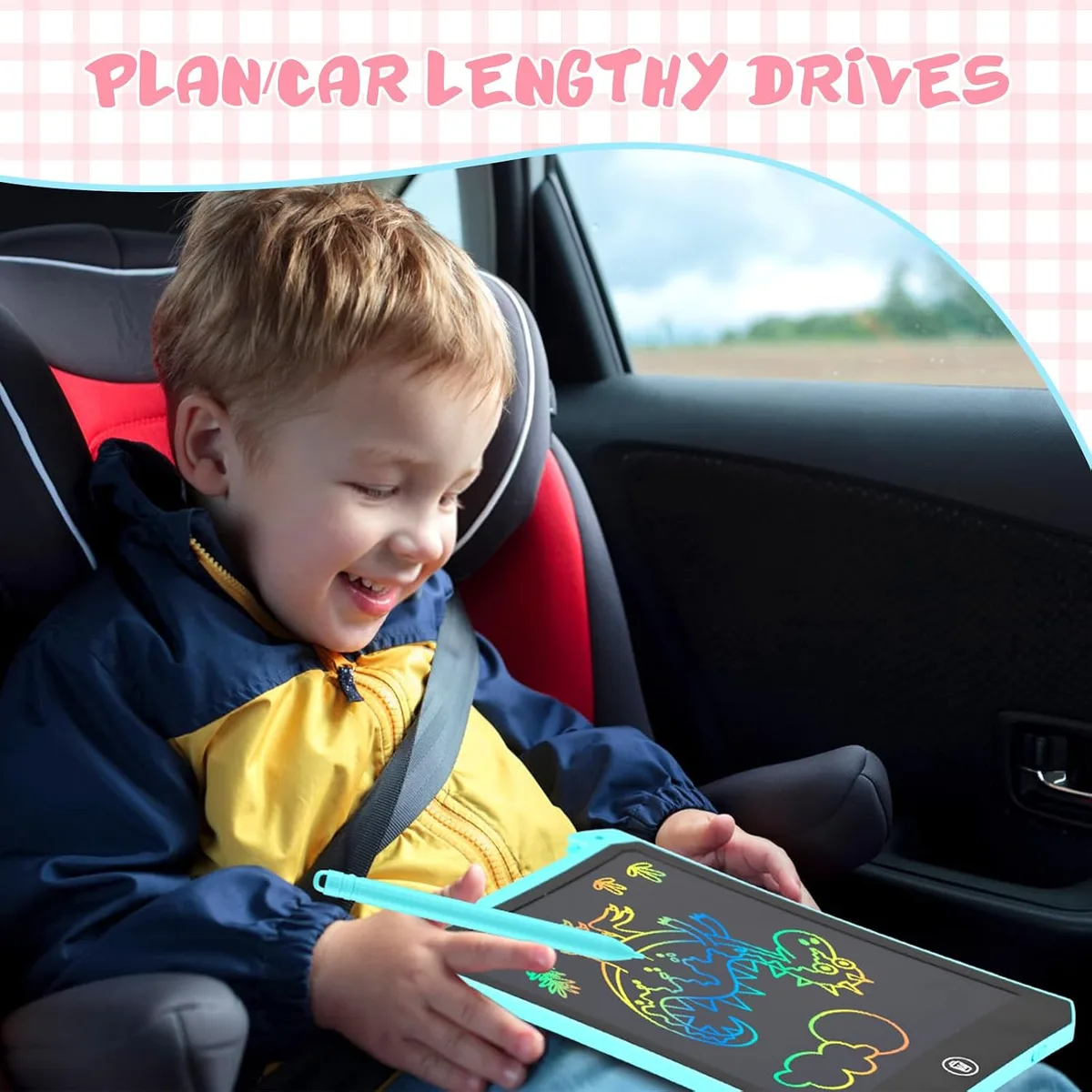 LCD writing tablet for kids on a long car ride