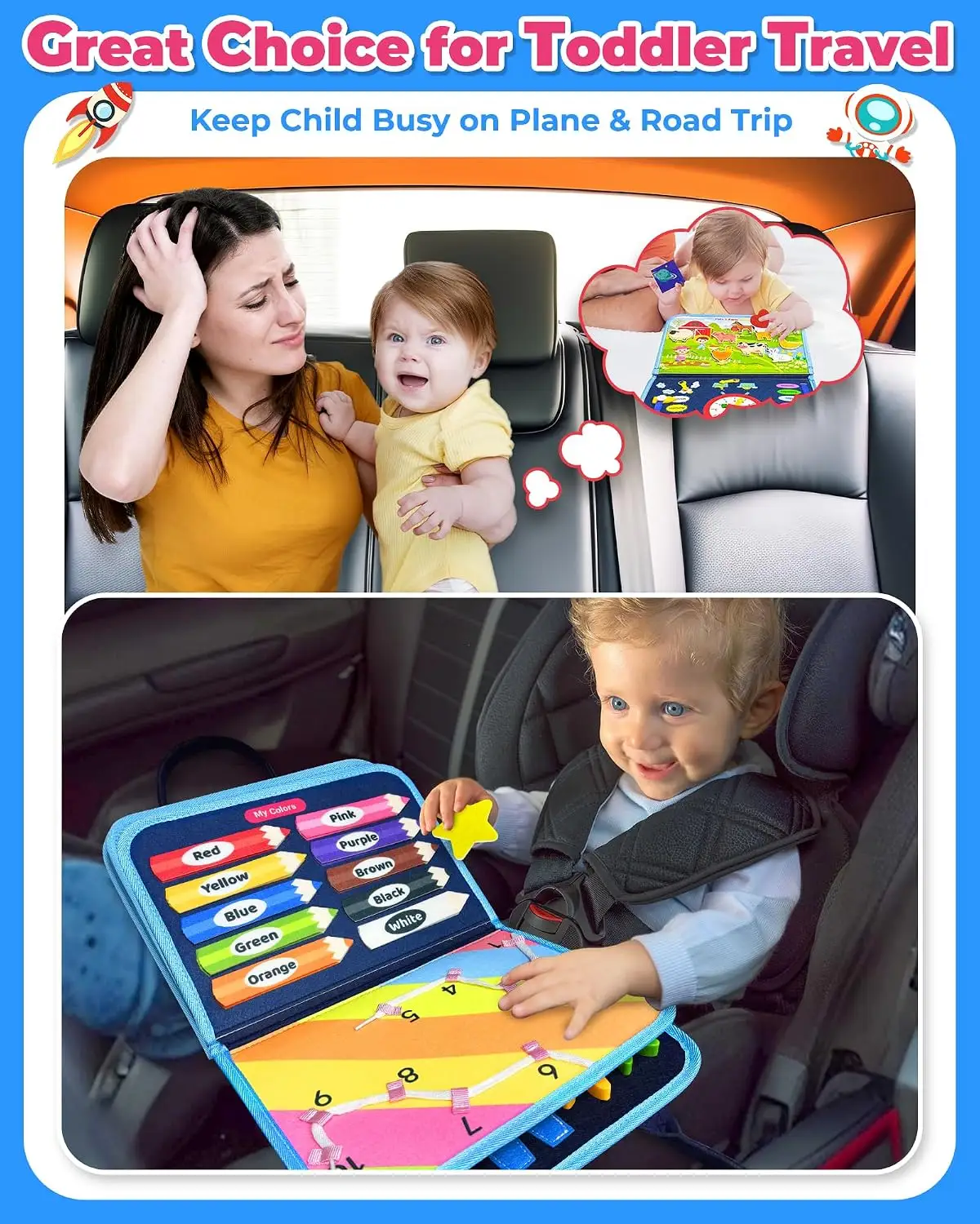Montessori busy board for toddlers on a car trip