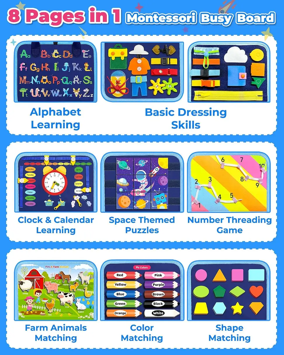 8 pages in 1 Montessori busy board activities