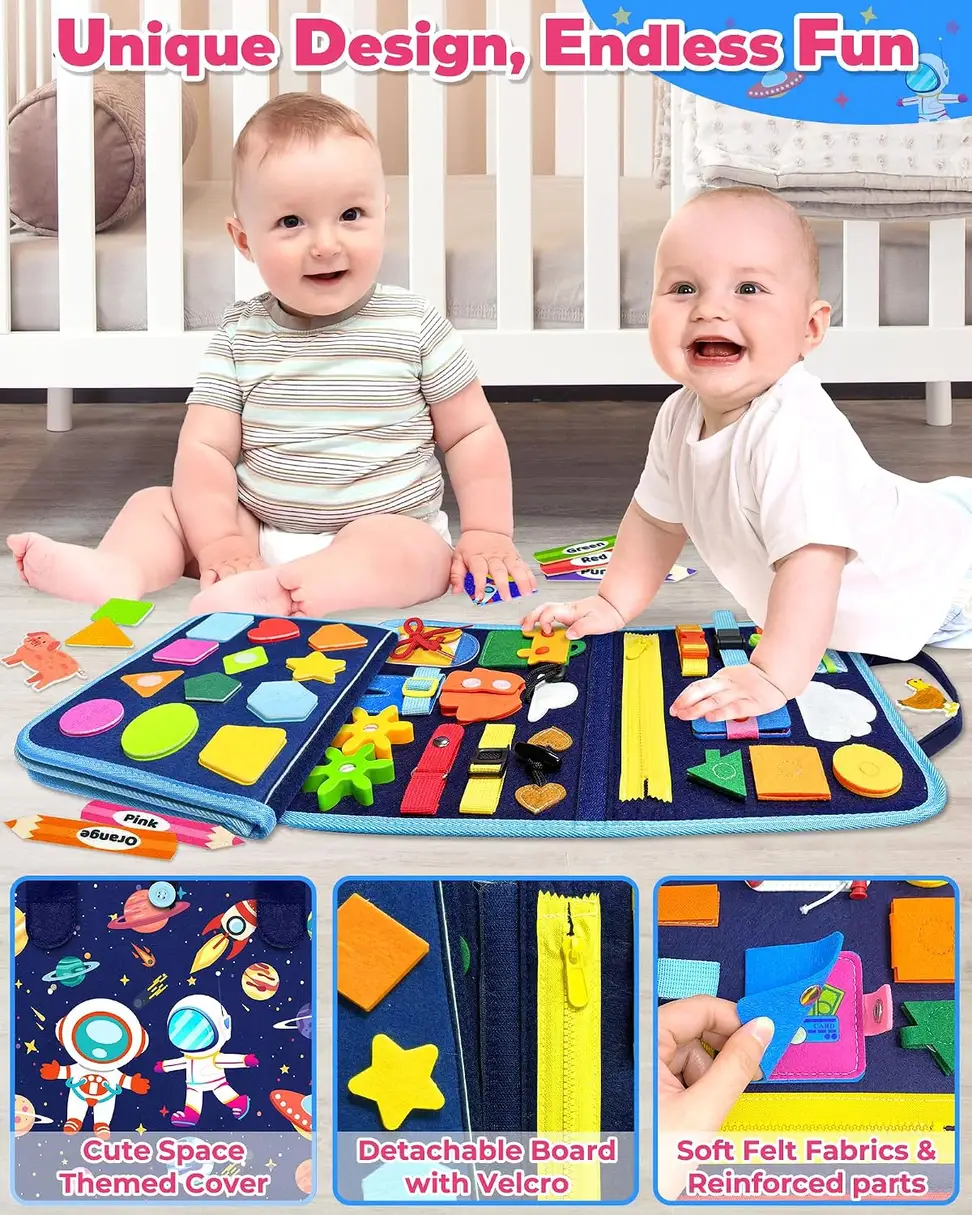 toddlers playing with the Montessori busy board