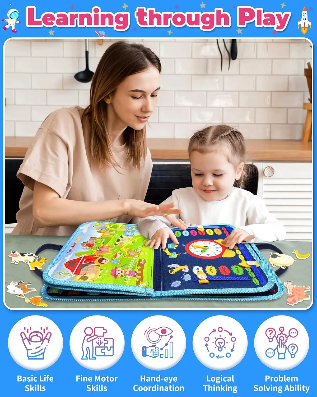 parent and child learning with the Montessori busy board