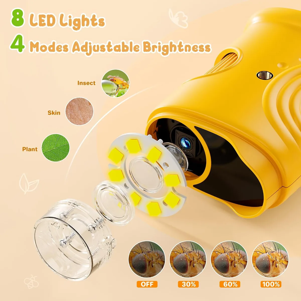 8 adjustable LEDs on the digital microscope for kids
