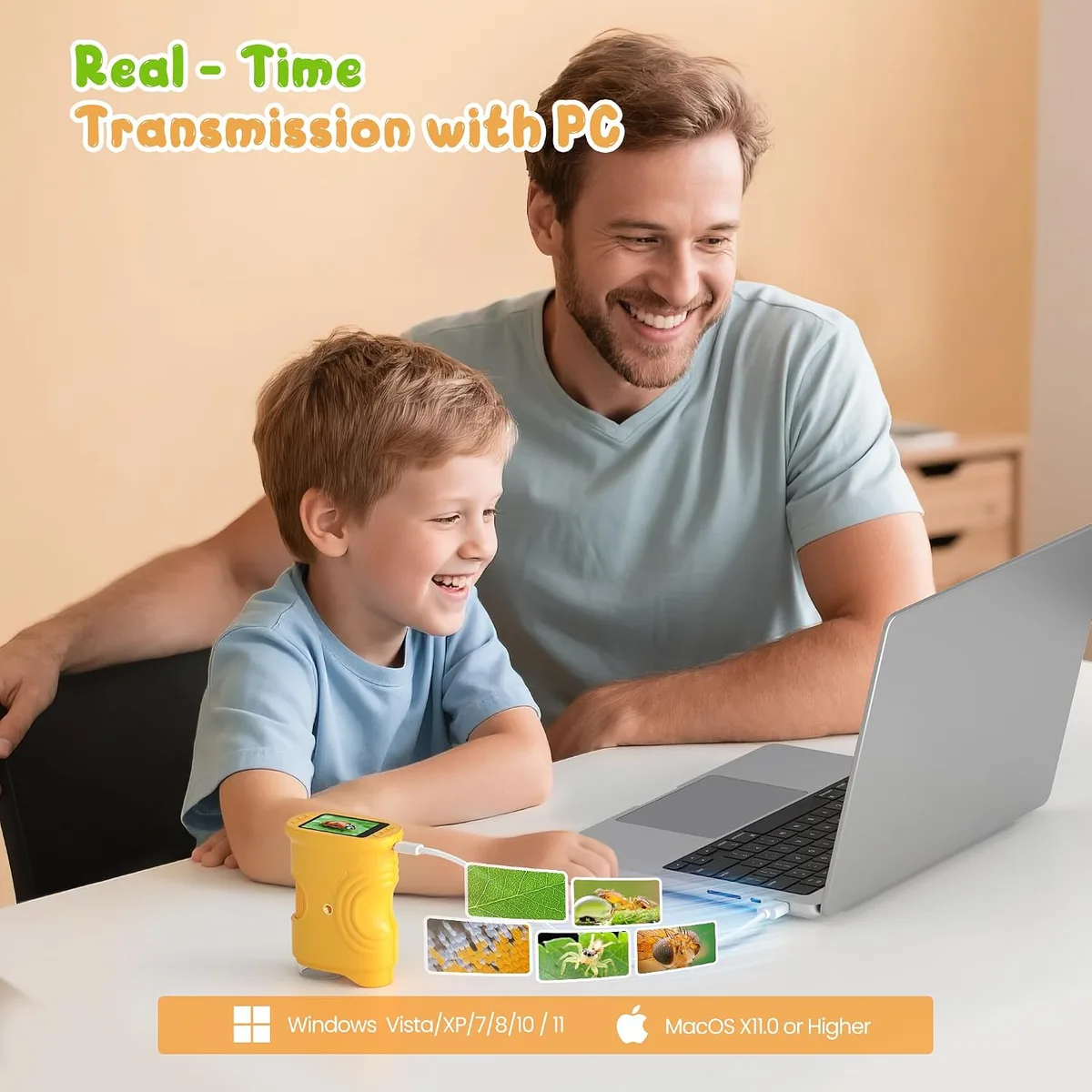 father and son using the handheld digital microscope