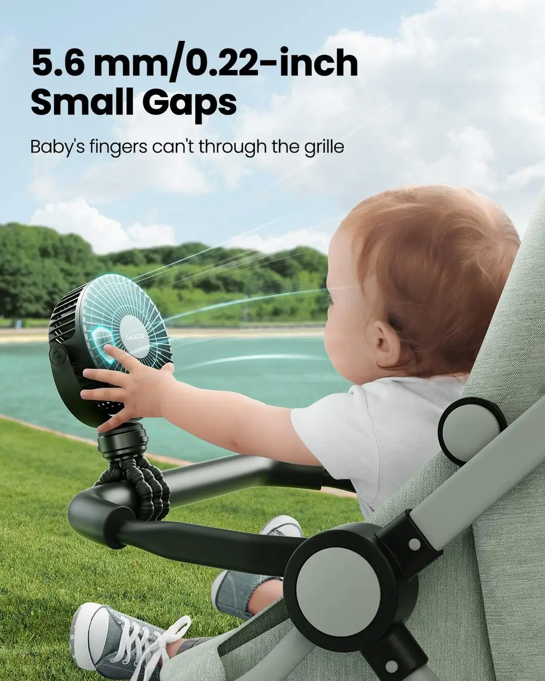 finger-safe grille on the clip-on stroller fan