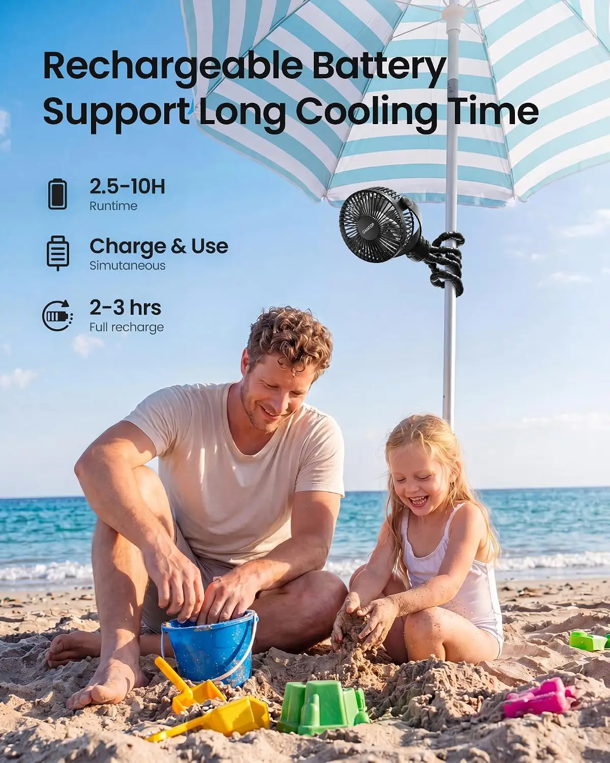 rechargeable battery of the clip-on stroller fan at the beach