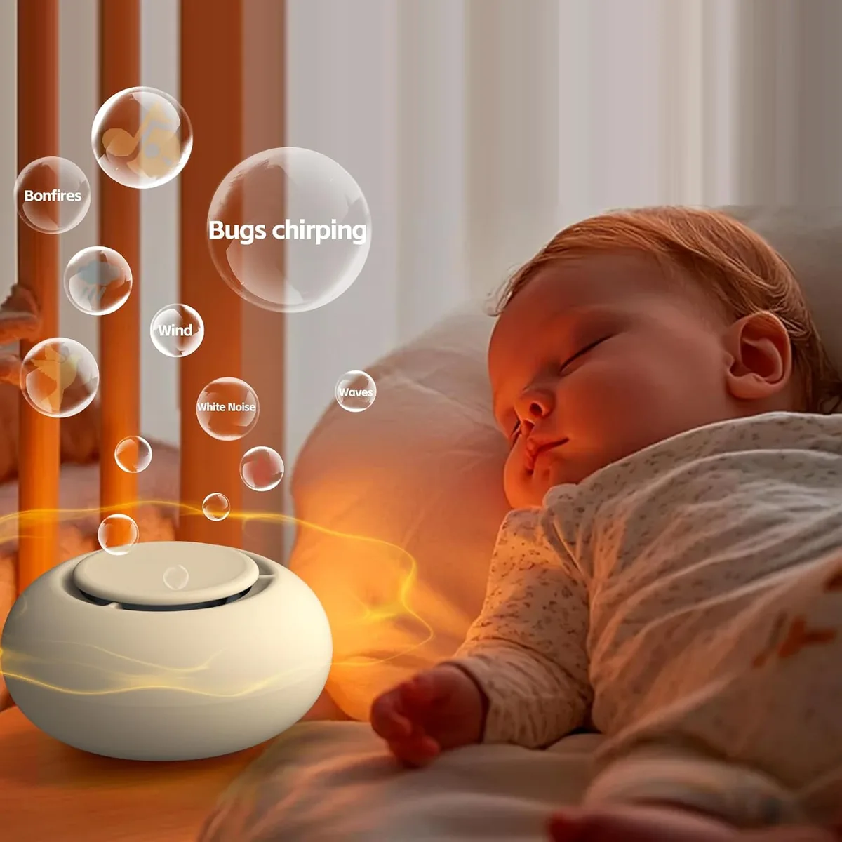 baby sleeping next to the portable baby sound machine