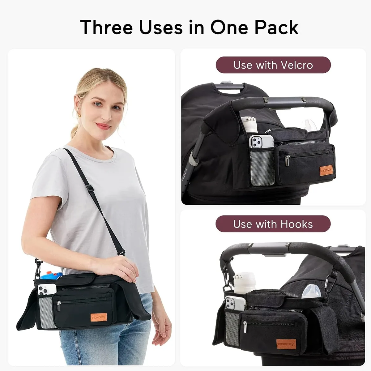 three ways to use the universal stroller organizer