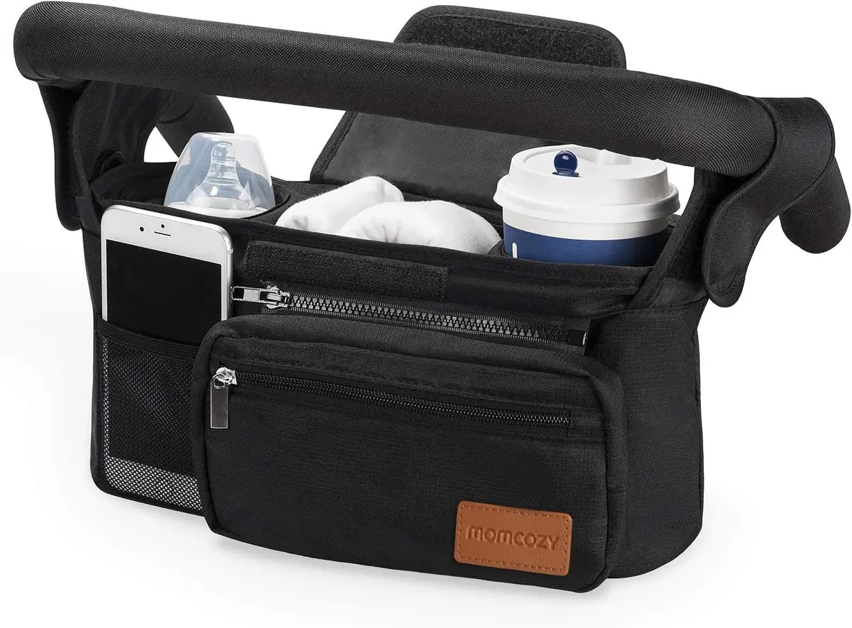 universal stroller organizer on a stroller handlebar