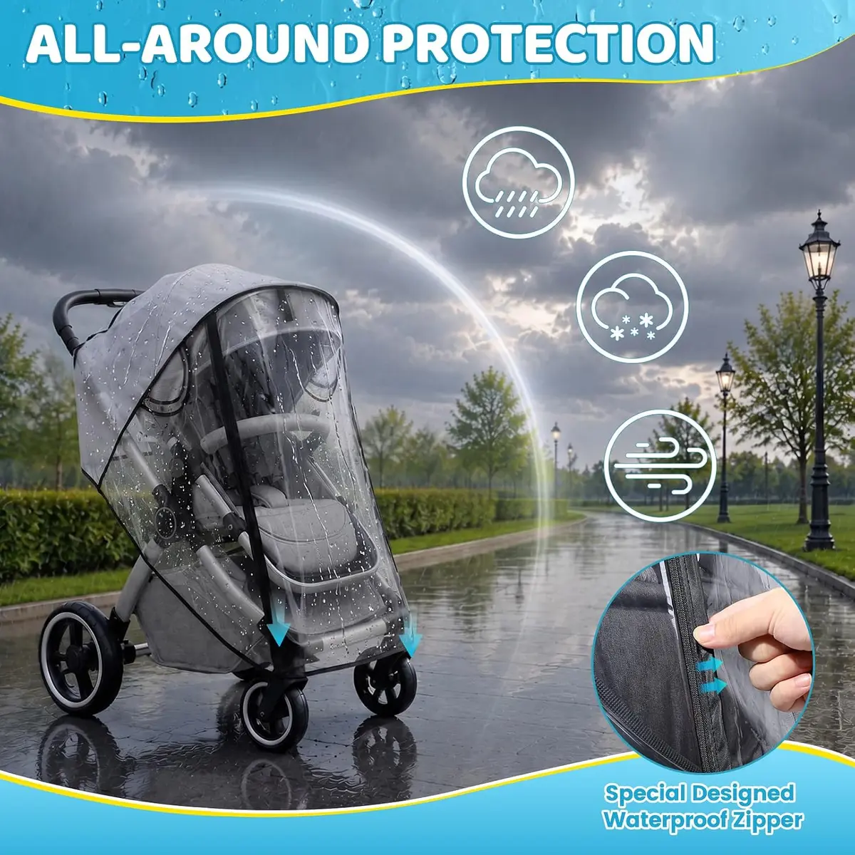all-around protection from the universal stroller rain cover