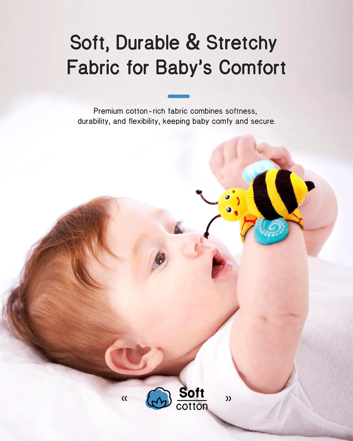 soft stretchy fabric of the baby wrist rattles