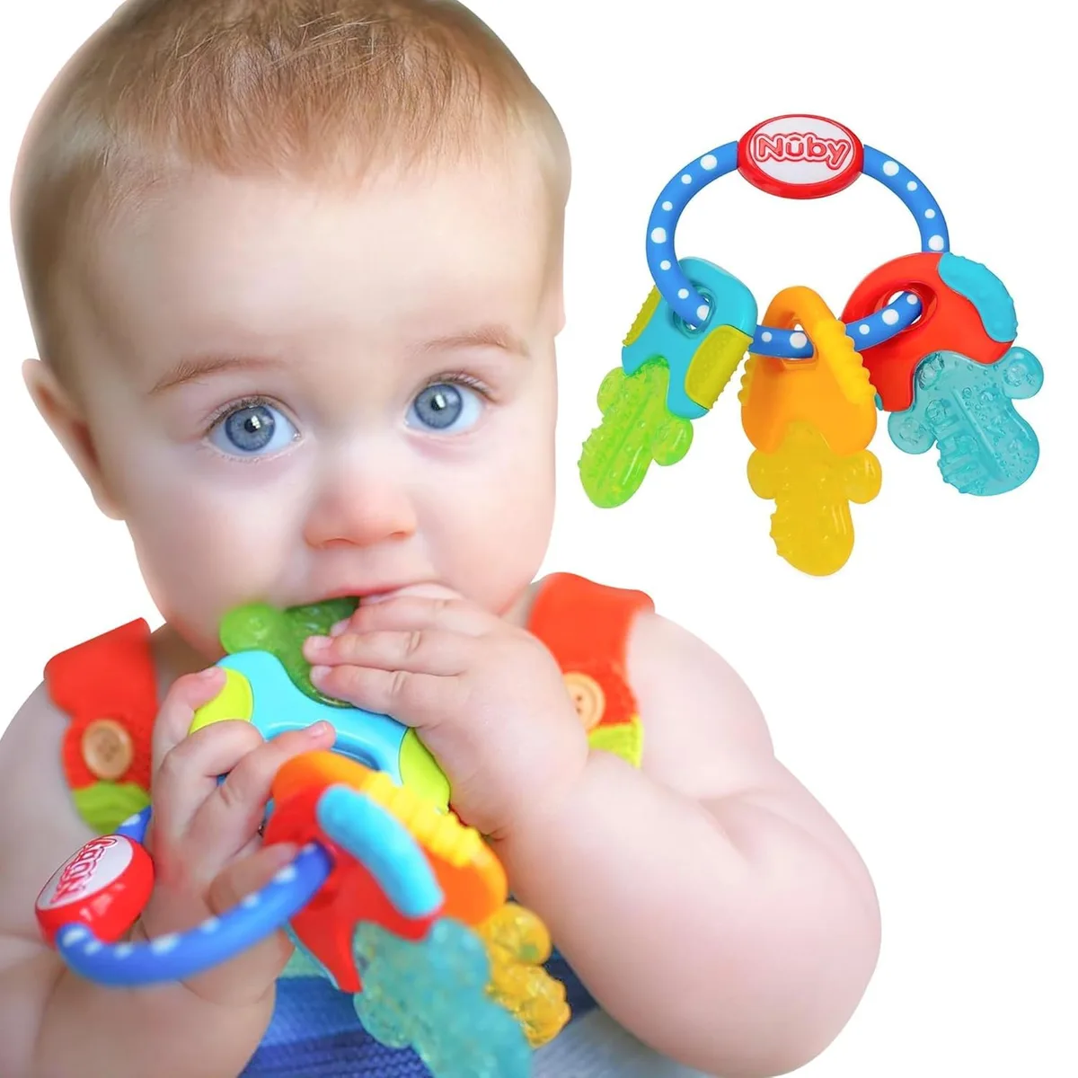 baby enjoying cooling gel teether keys