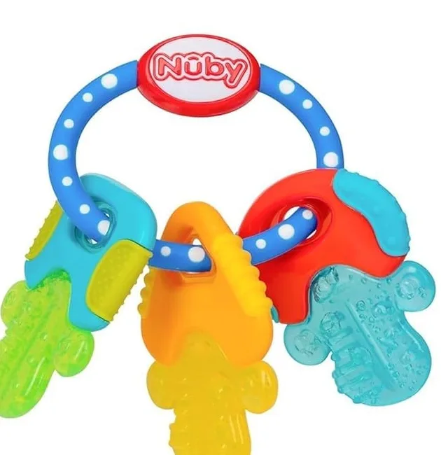 close-up of the colorful cooling gel teether keys on the easy-grip ring
