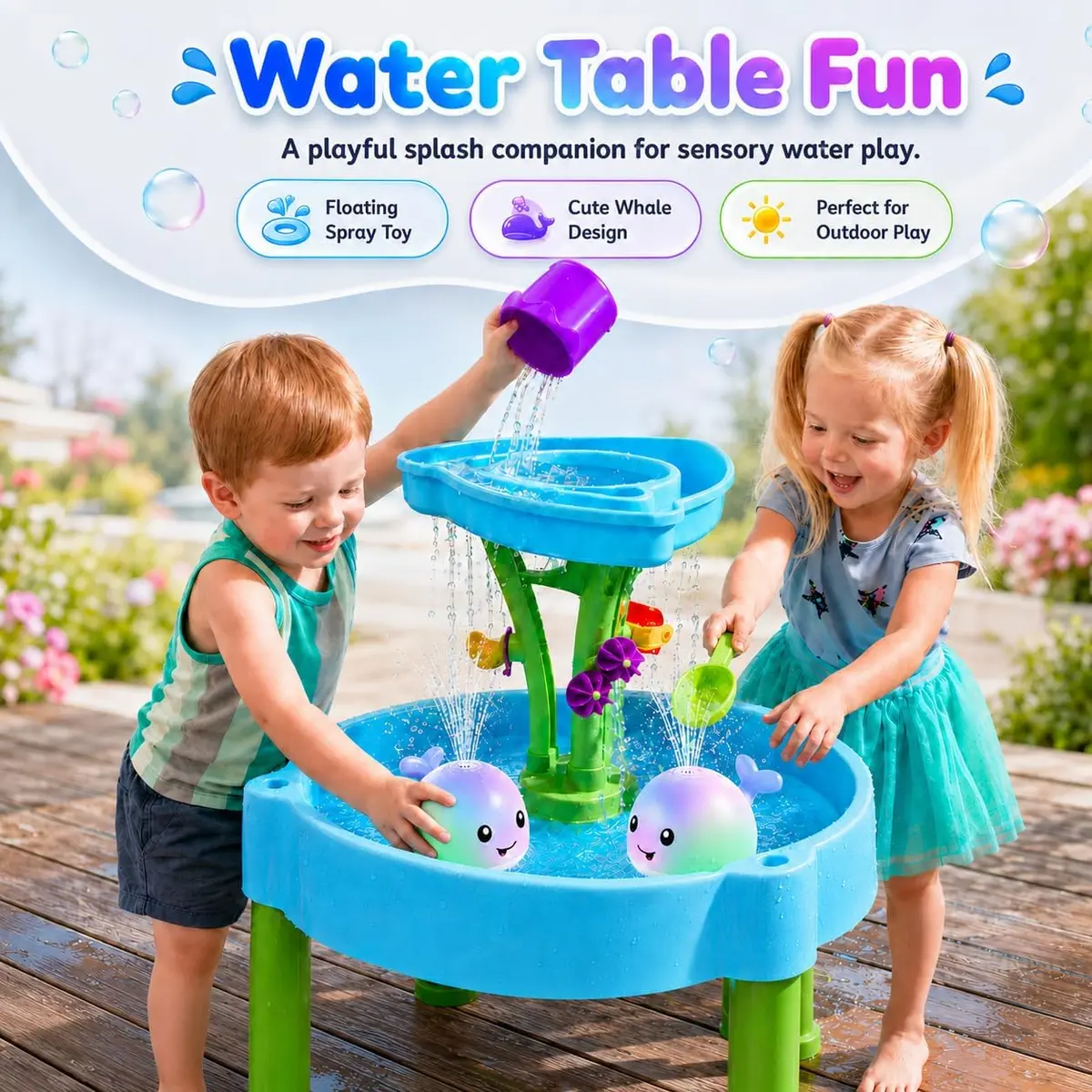 light-up whale bath toy on a water table