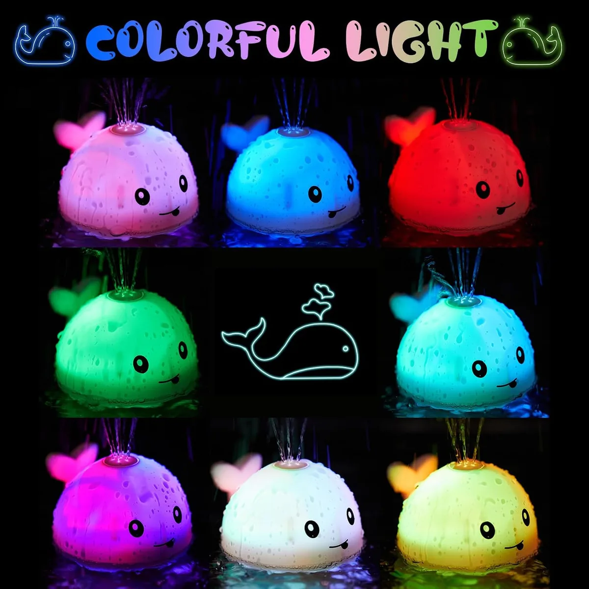 colorful lights of the whale bath toy