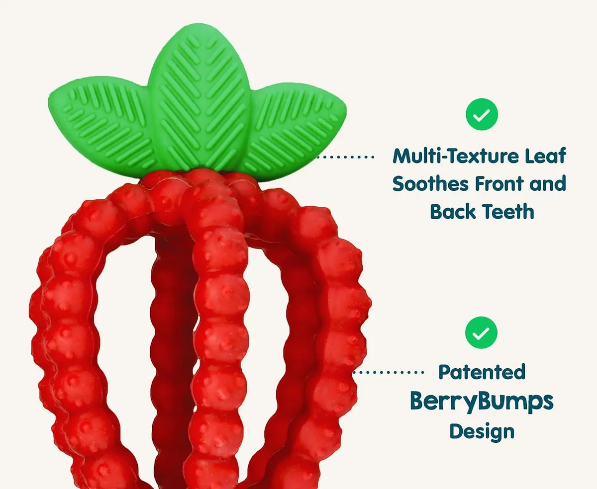 textured bumps and leaves of the strawberry teething toy