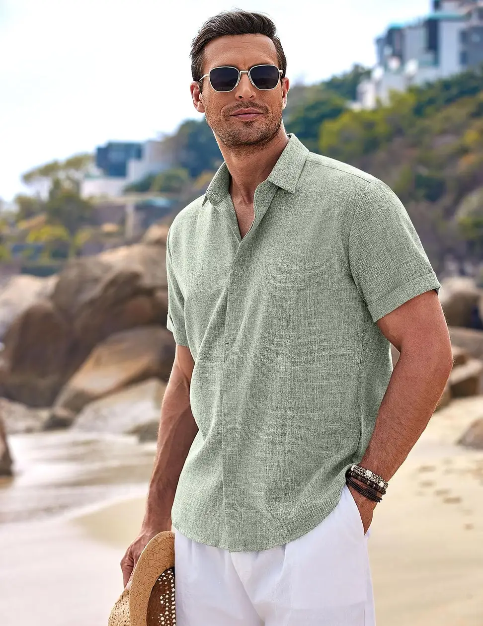 men's linen shirt short sleeve on vacation