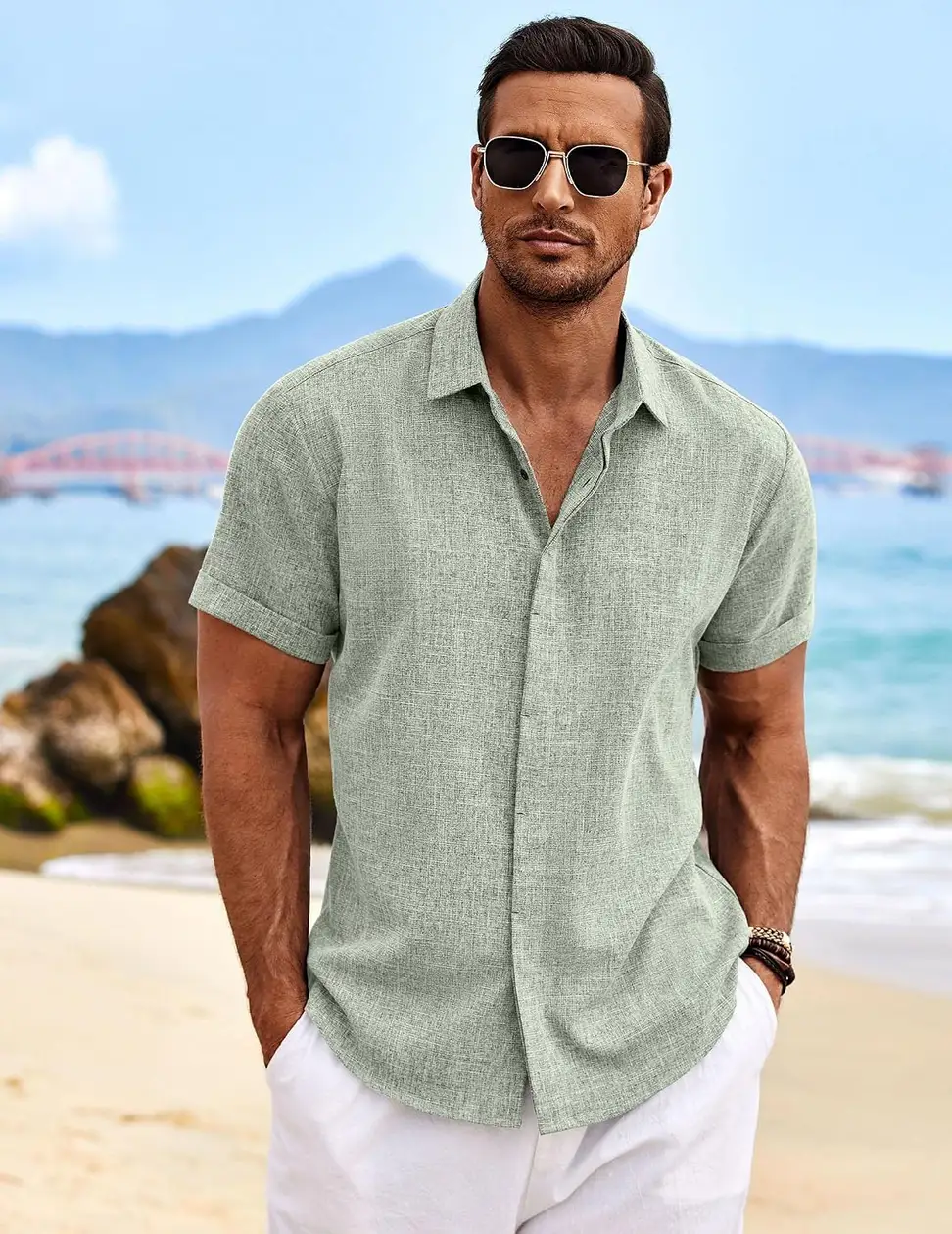men's linen shirt with shorts by the sea