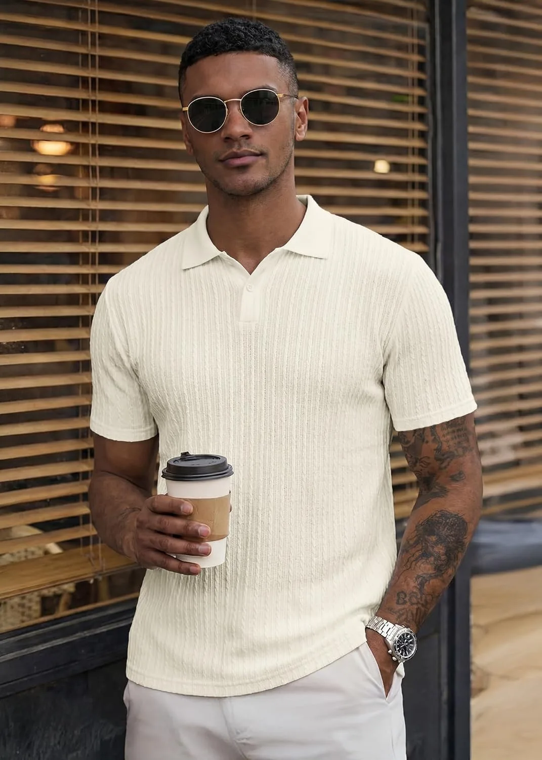 close-up of the textured knit polo shirt