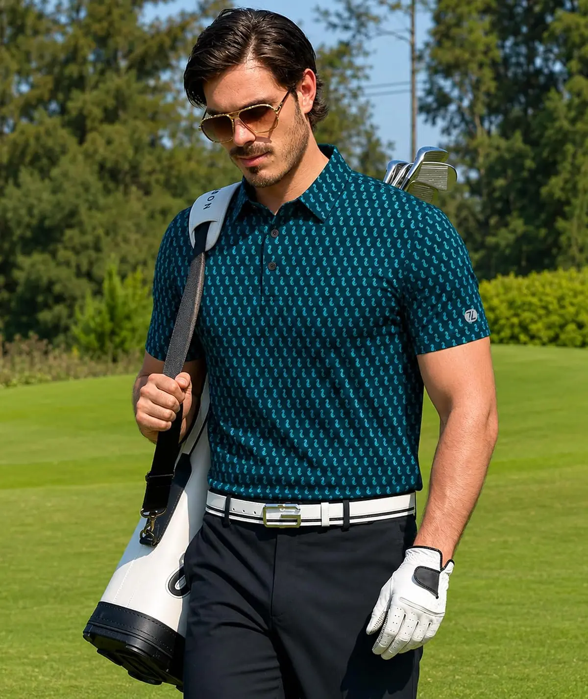 man on the course in a printed golf polo shirt