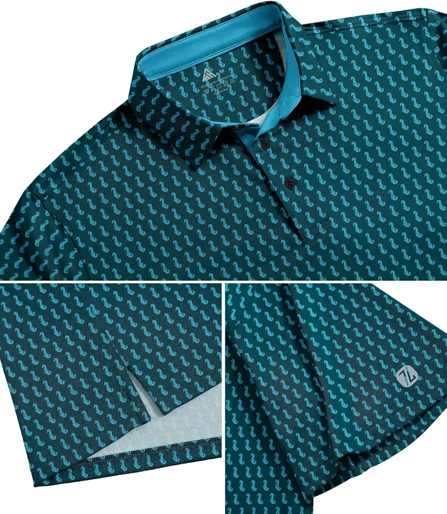 collar and print details of the golf polo