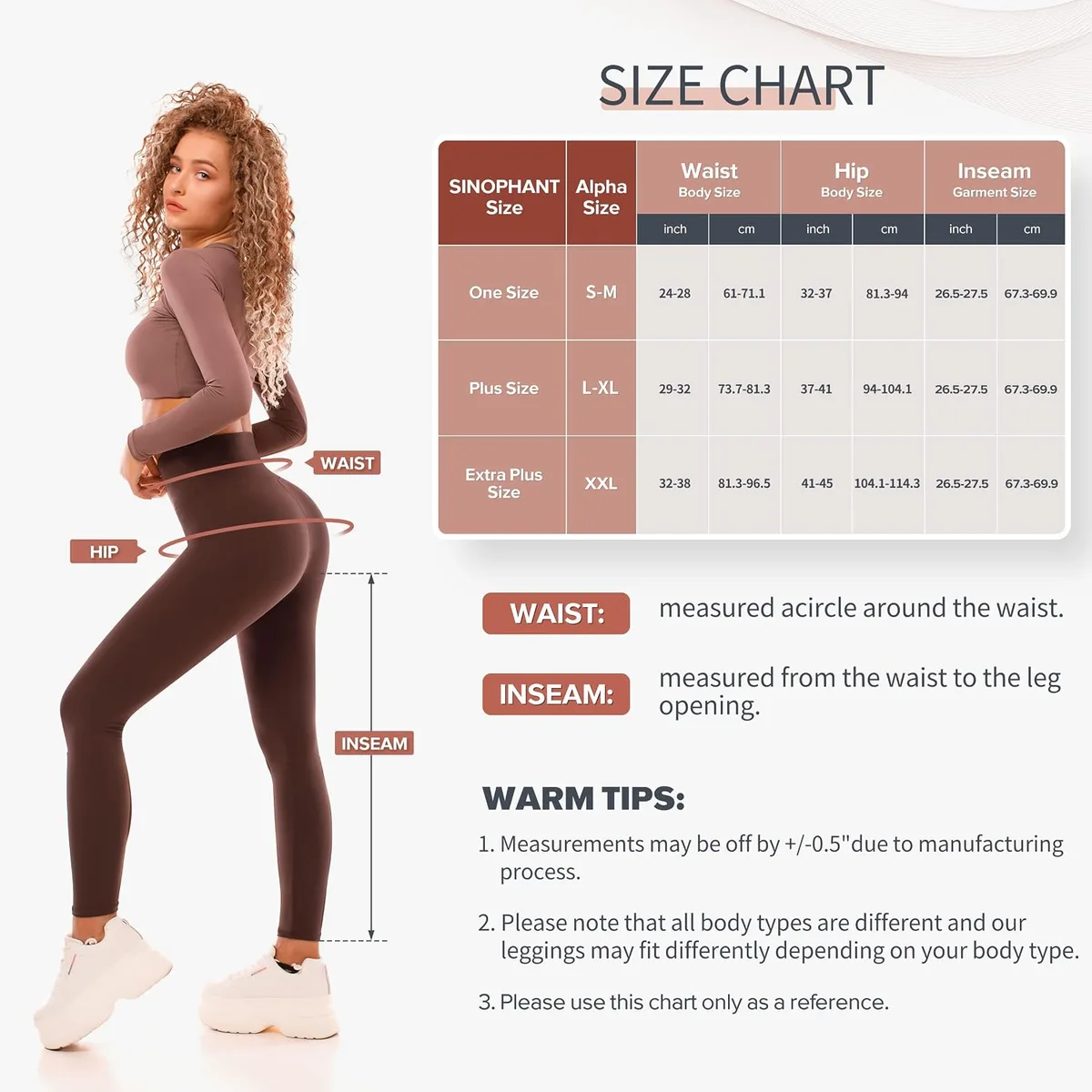 size chart for the high waisted leggings
