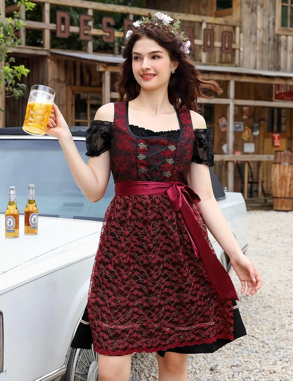 3 piece dirndl dress with apron outdoors