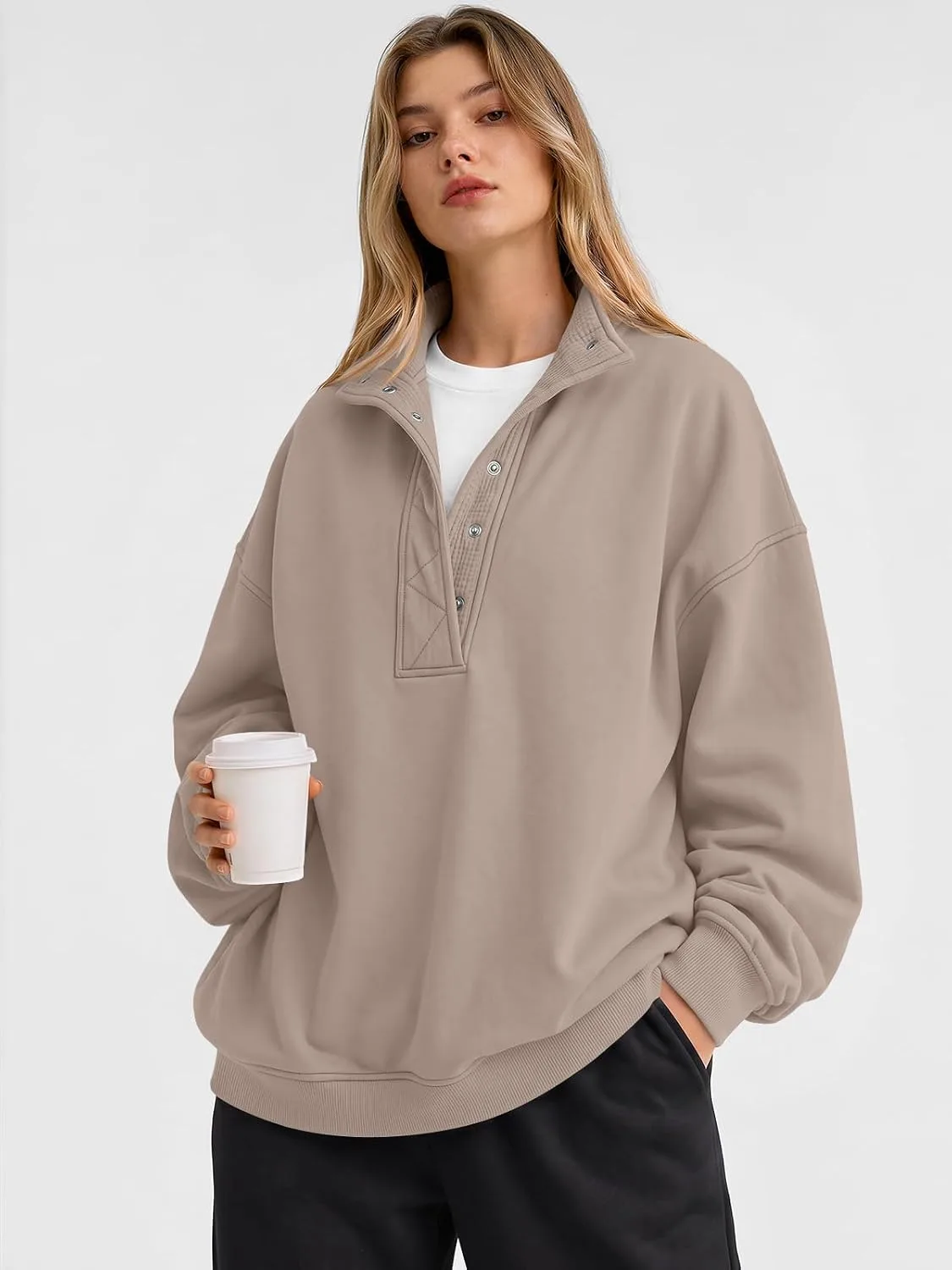 women's oversized henley sweatshirt with a coffee cup