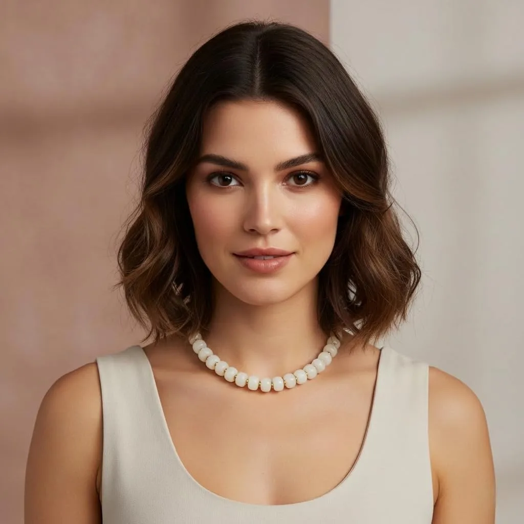 chunky beaded necklace worn with a white top