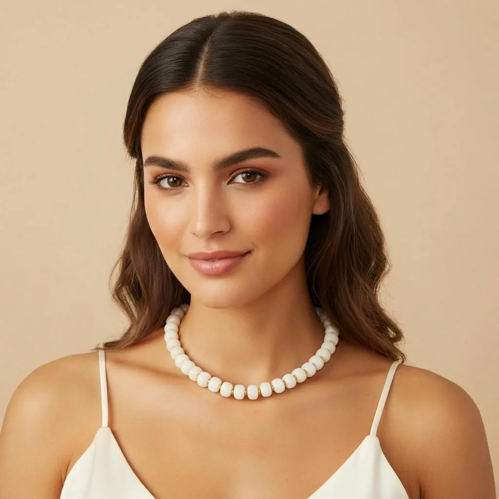 close-up of the chunky beaded necklace on the neck