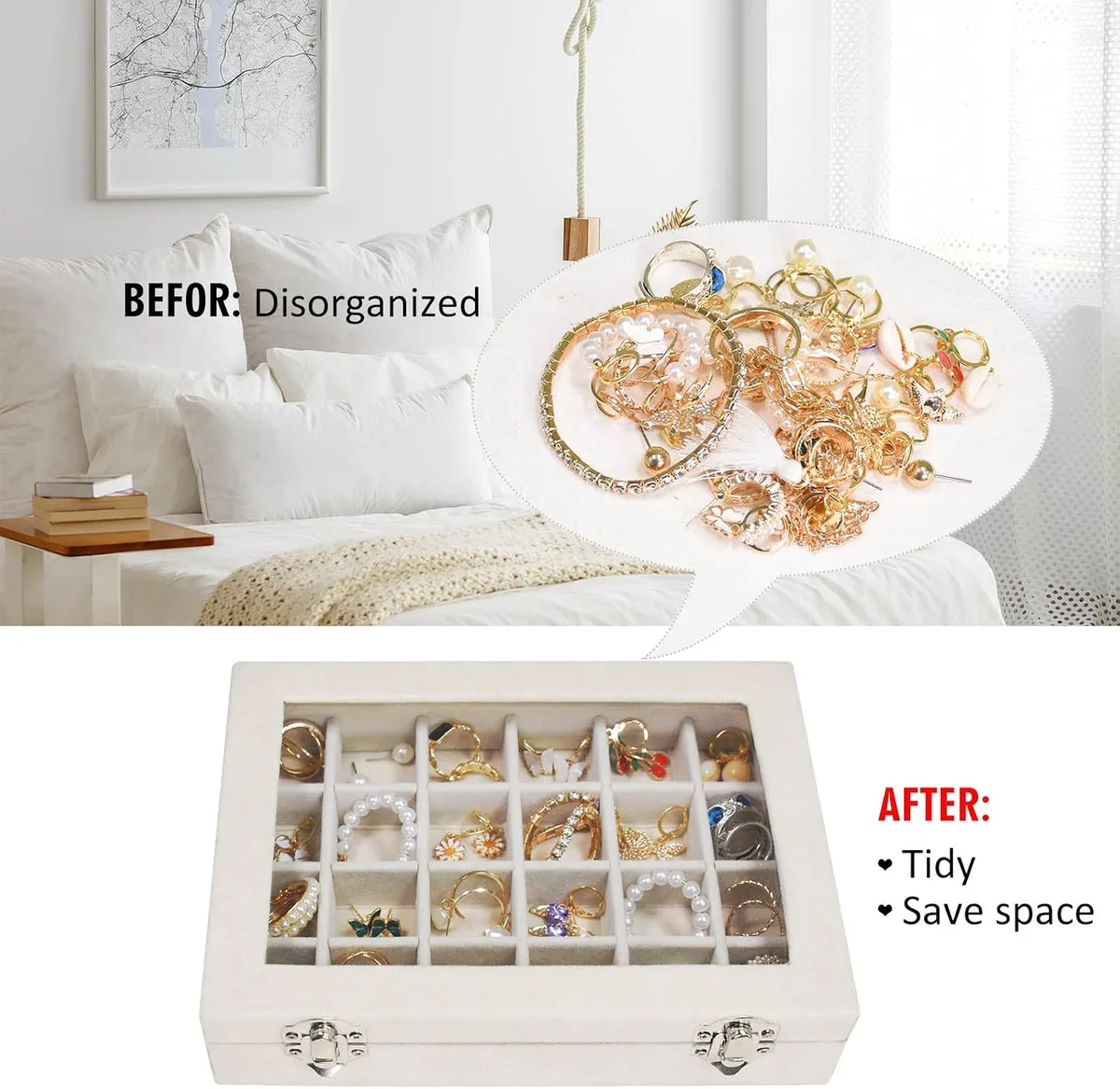 before and after organizing with the velvet jewelry box