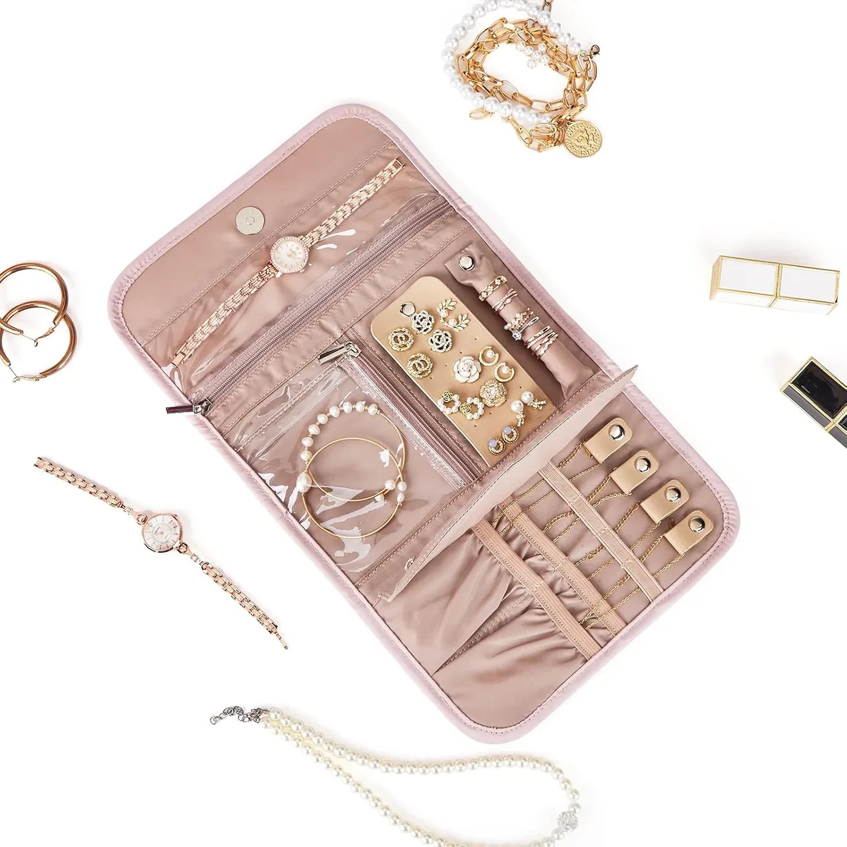 jewelry roll organizer with necklaces and bracelets